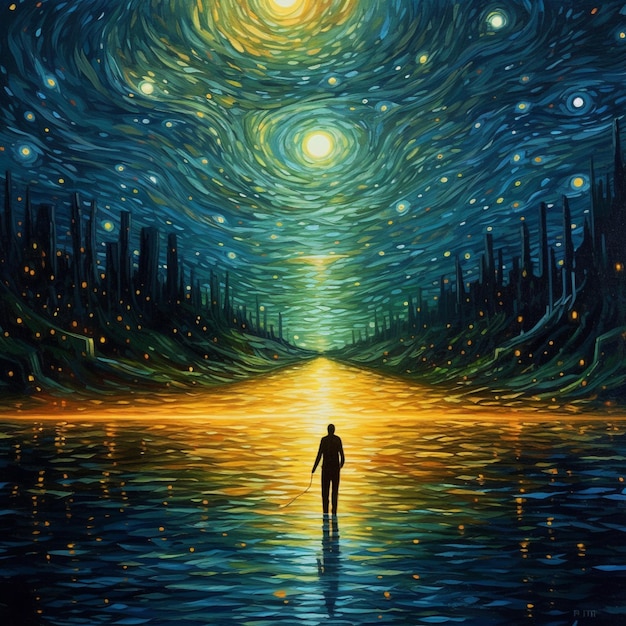 painting of a man standing in the middle of a lake at night generative ai