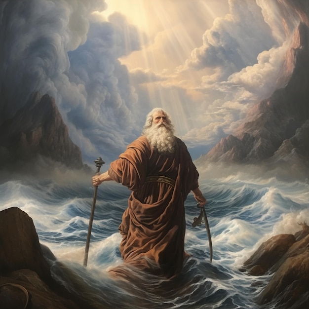 painting of a man standing in the ocean with a staff generative ai