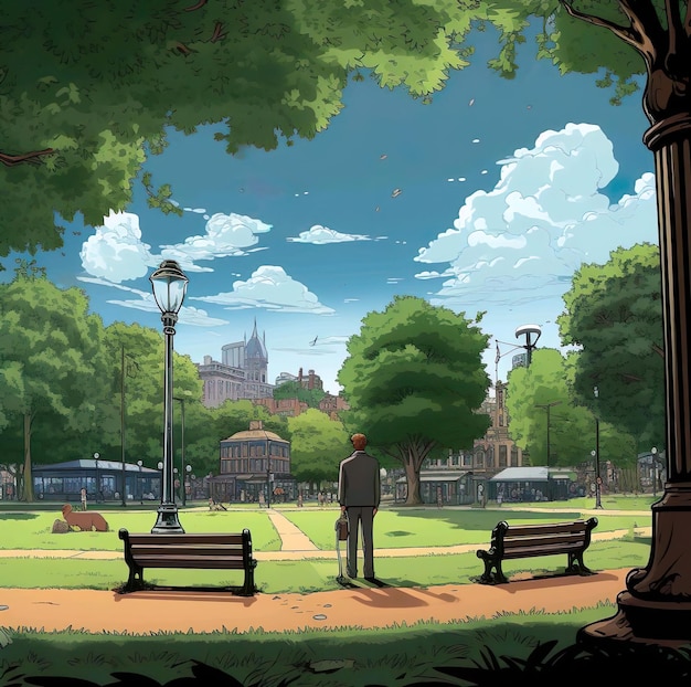 Painting of man standing on the park with blue