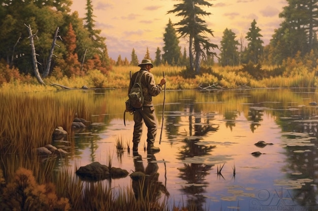 painting of a man standing in a river with a fishing rod generative ai