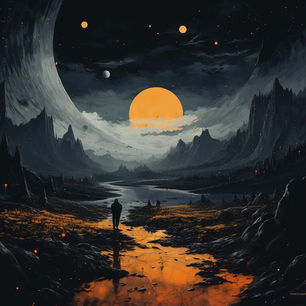 Painting of a man standing in a river with a full moon in the background generative ai