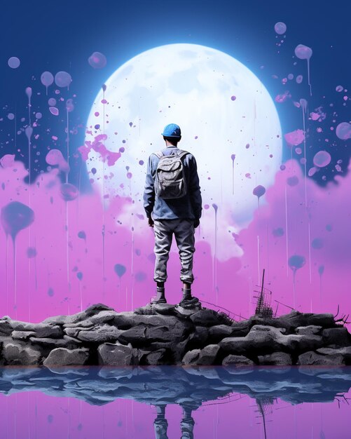 Painting of a man standing on a rock in front of a full moon generative ai