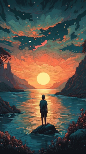 Painting of a man standing on a rock looking at the sunset generative ai