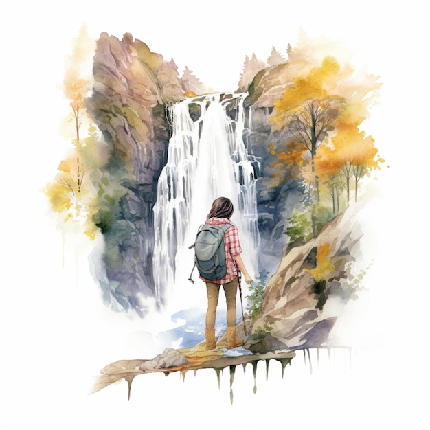 painting of a man standing on a rock looking at a waterfall generative ai