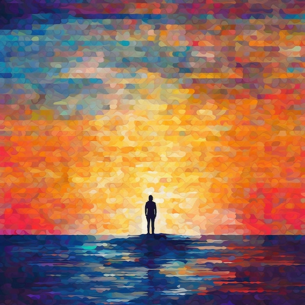 painting of a man standing on a rock in the middle of the ocean generative ai