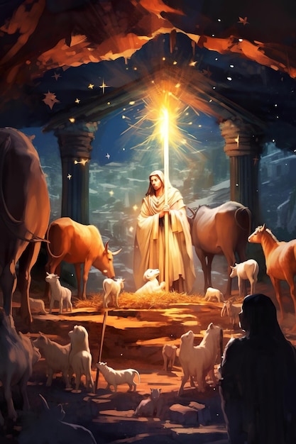 A painting of a man standing in a stable surrounded by animals Generative AI image