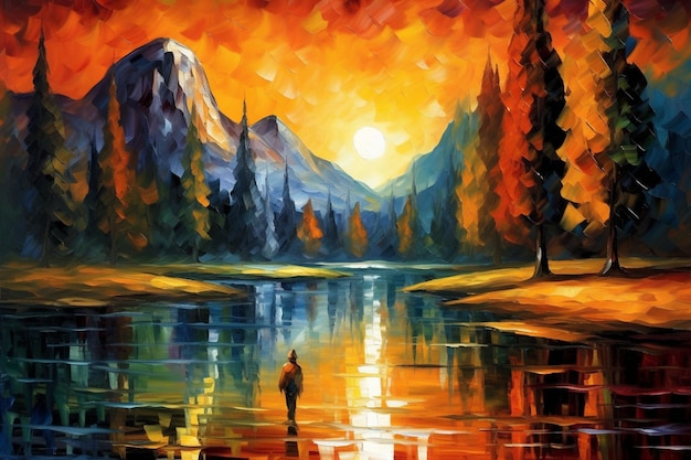 A painting of a man standing in the water with mountains in the background.