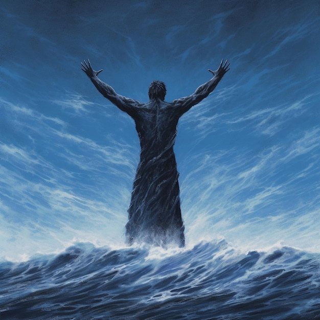 Premium AI Image | A painting of a man standing in the water with the ...