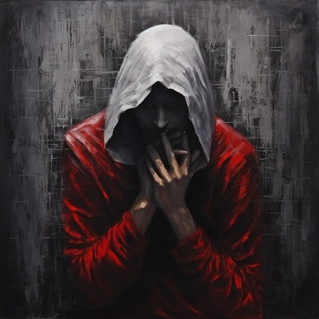 A painting of a man in the style of dark silver and red