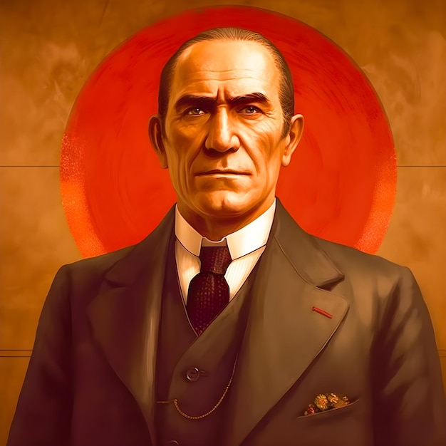 A painting of a man in a suit and tie with a red circle behind him.