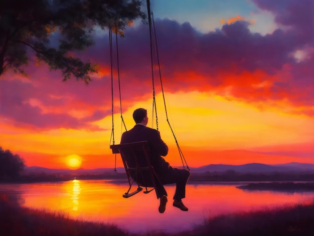 A painting of a man on a swing with a sunset in the background ai generated