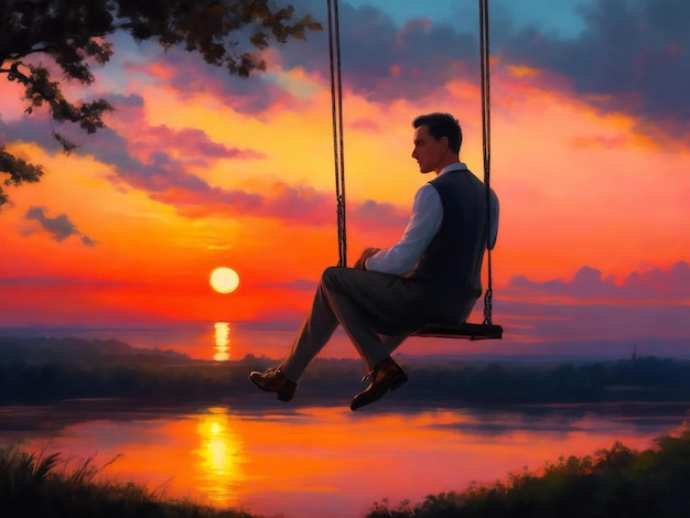 A painting of a man on a swing with a sunset in the background ai generated