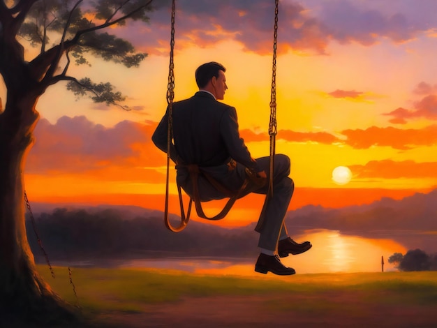 A painting of a man on a swing with a sunset in the background ai generated