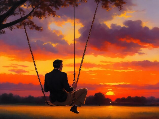 A painting of a man on a swing with a sunset in the background ai generated