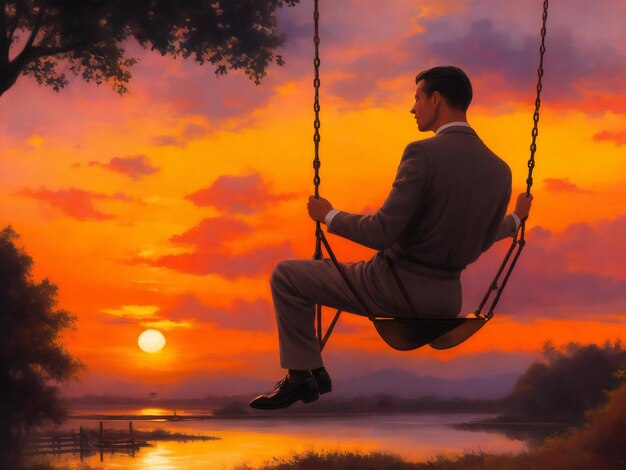 A painting of a man on a swing with a sunset in the background ai generated