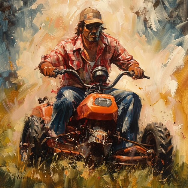 Photo a painting of a man on a tractor with the word  on it