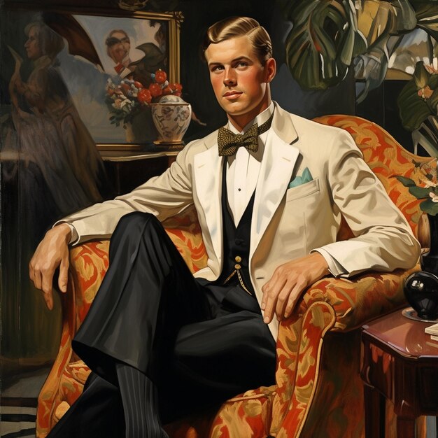 Photo a painting of a man in a tuxedo with a bow tie.