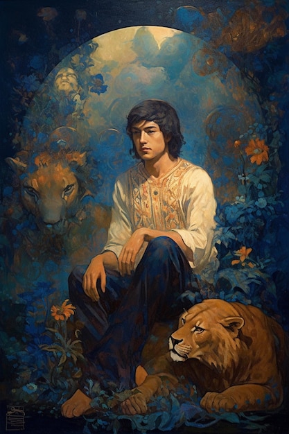 A painting of a man and two lions.