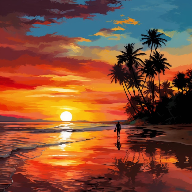 Картина человека, идущего по пляжу при заходе солнца