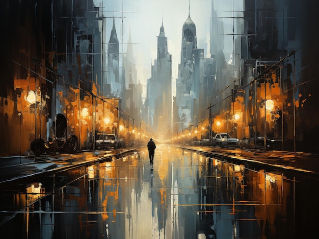 painting of a man walking down a city street at night generative ai