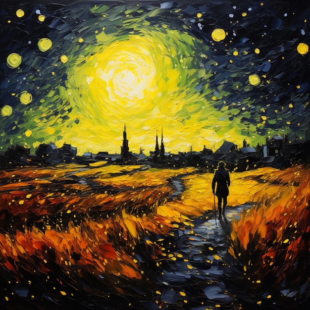 Painting of a man walking down a path towards a city at night generative ai