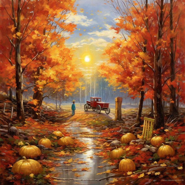 painting of a man walking down a path with pumpkins and a horse drawn carriage generative ai