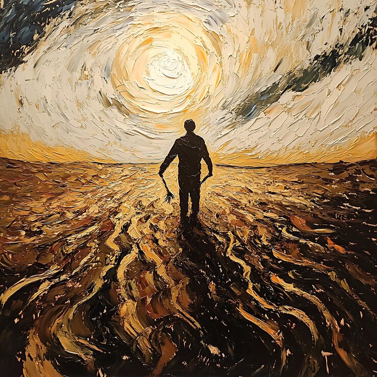 painting of a man walking in a field with a shovel
