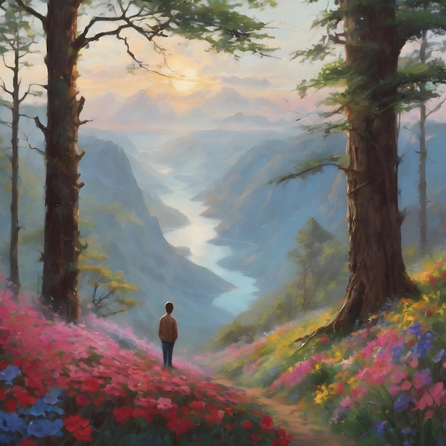 a painting of a man walking in a forest with flowers in the foreground