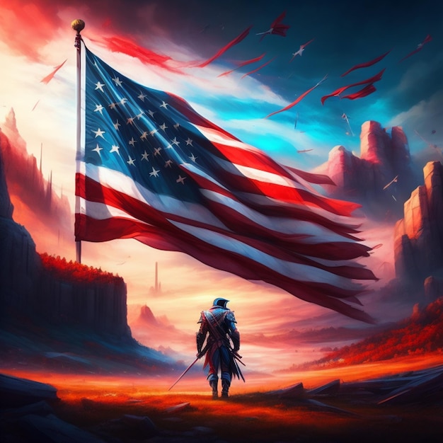 A painting of a man walking in front of USA flag American flag made by generative ai