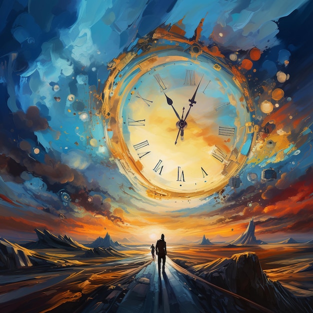 Painting of a man walking on a road towards a clock generative ai