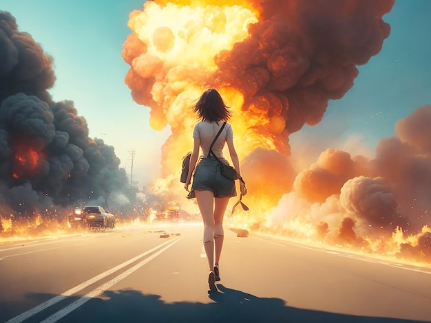 Painting of a man walking on a road towards a huge explosion in citywide