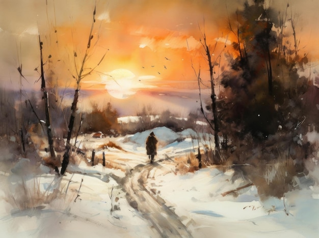 A painting of a man walking in the snow