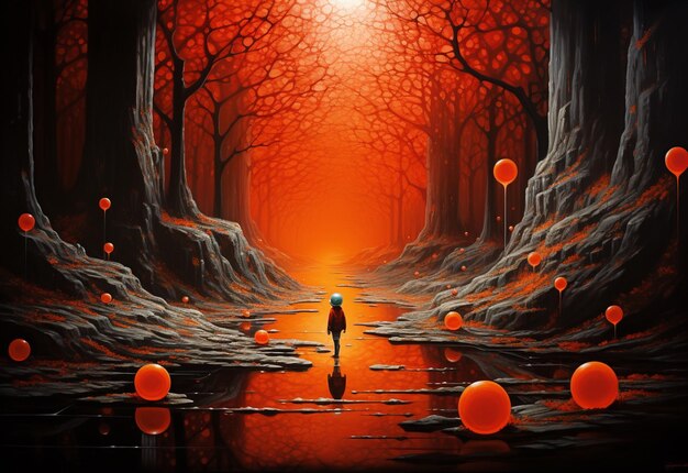 painting of a man walking through a forest with balloons generative ai