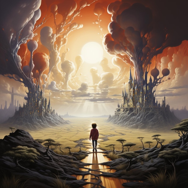 painting of a man walking towards a surreal landscape with a castle generative ai