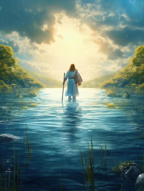 A painting of a man walking in the water with the sun shining on it