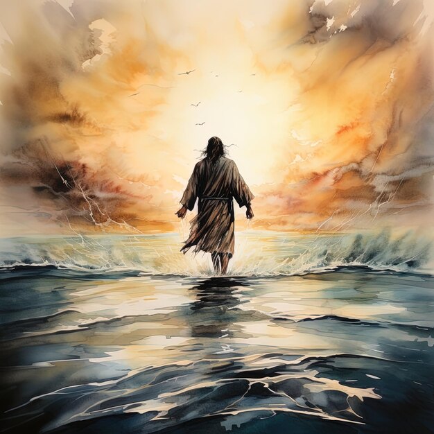 a painting of a man walking in the water with a sunset in the background