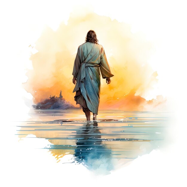 a painting of a man walking in water with the words  jesus  on the bottom