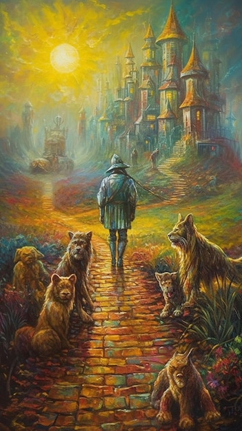 A painting of a man walking with dogs on it.