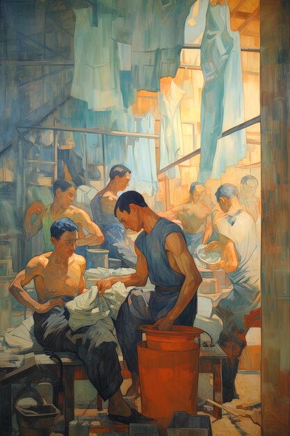 Photo a painting of a man washing clothes in front of a window