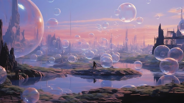 A painting of a man in a water with bubbles in the background