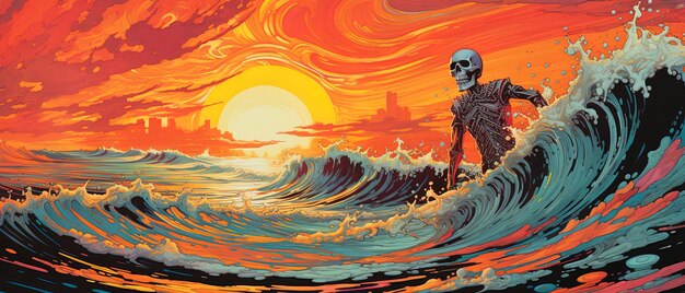 a painting of a man on a wave with the sun setting behind him