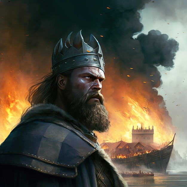 A painting of a man wearing a crown stands in front of a burning ship.