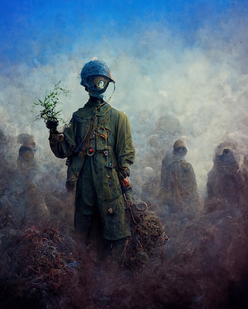 A painting of a man wearing a gas mask and a gas mask stands in a field with fog.