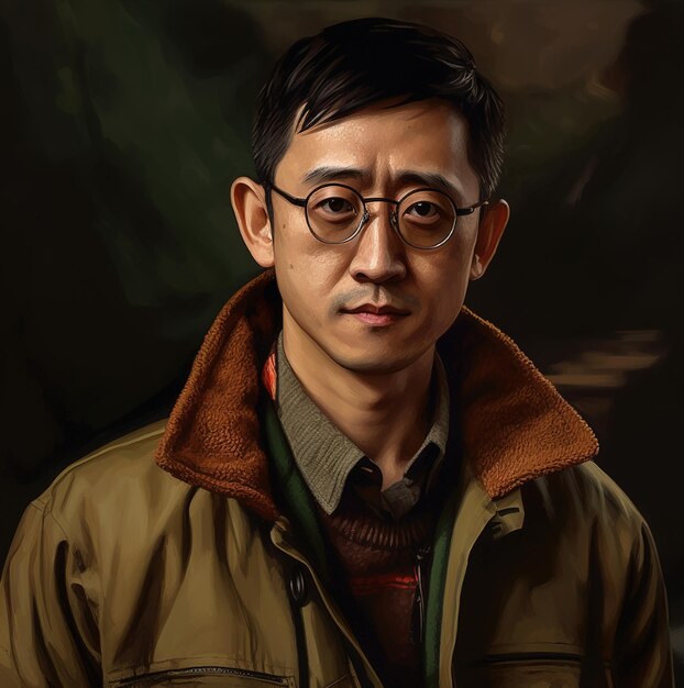 A painting of a man wearing glasses and a brown jacket.