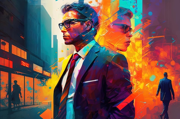 A painting of a man wearing glasses and a suit with the word love on it.