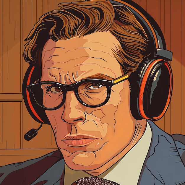 a painting of a man wearing headphones with the words  the man with the glasses