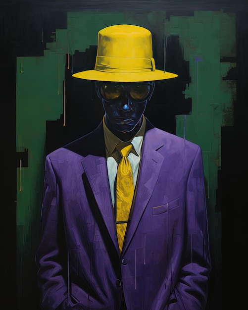 a painting of a man wearing a yellow hat and a yellow tie.