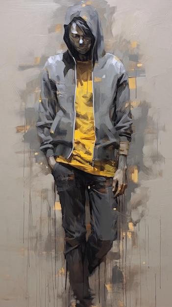 A painting of a man wearing a yellow shirt and yellow pants.