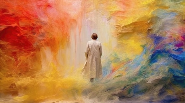 A painting of a man in a white coat is standing in front of a painting of a man.