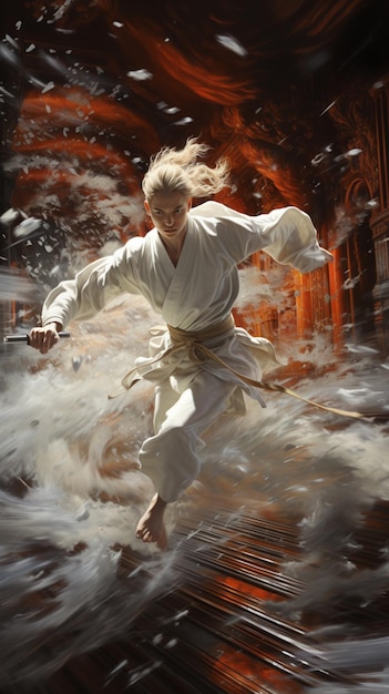 Foto pittura di un uomo in abito bianco sta correndo attraverso un fuoco generativo ai